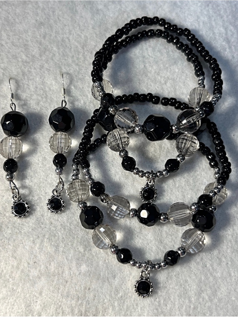 Black & Clear Beaded Bracelet Stack with Matching Earrings